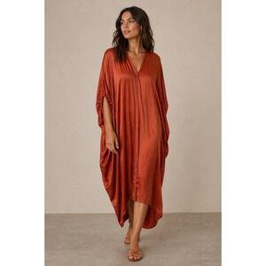 Lanvin Ete 2015 Rust Orange Crinkle Kaftan Dress V-Neck Batwing Midi Size 1